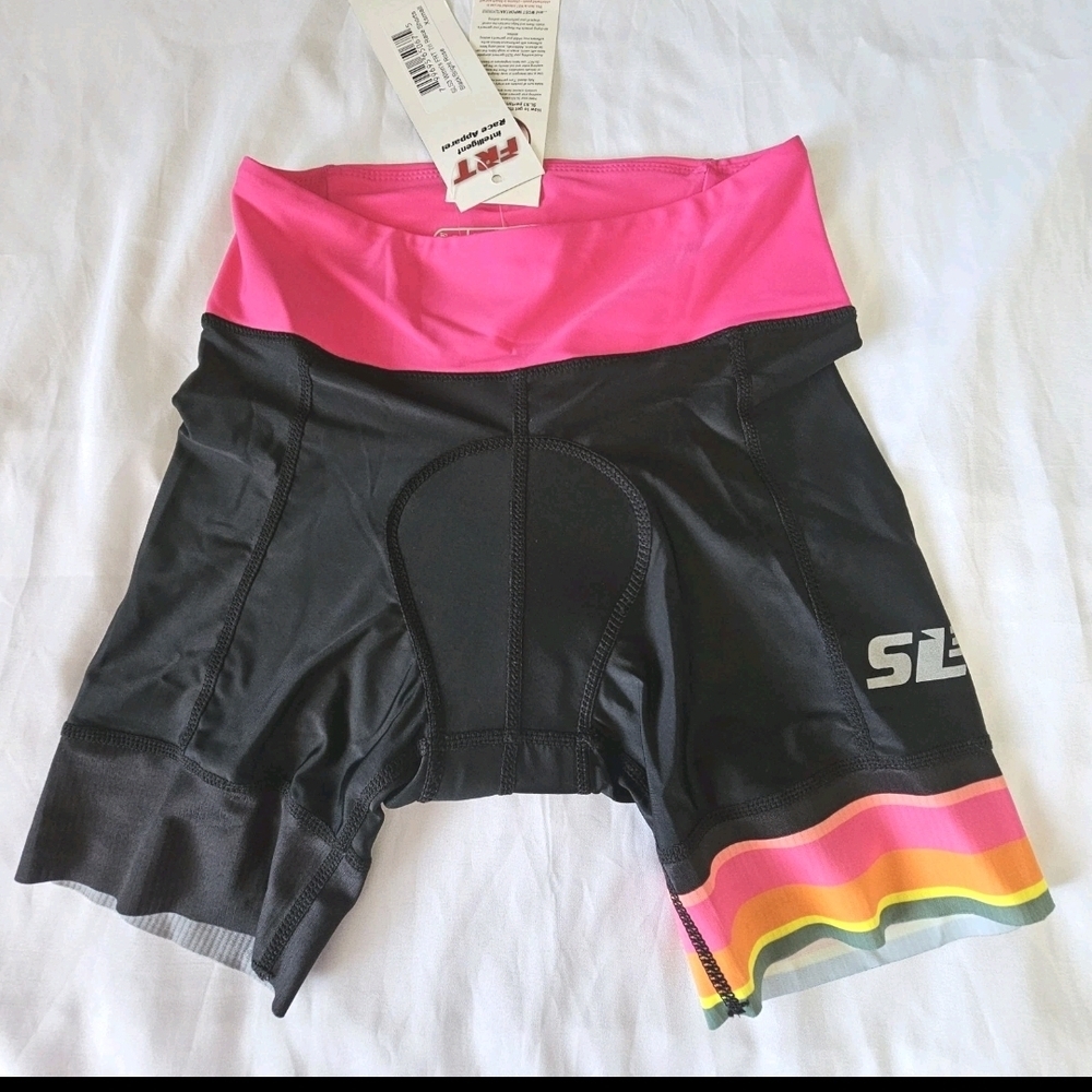 Women's Athletic Cycling Shorts with Pink Waistband and Rainbow Hem